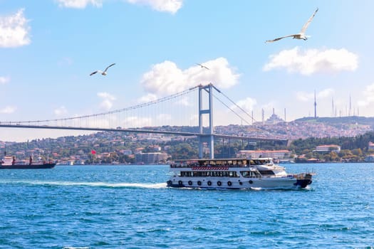 The Bosphorus strait of Istanbul, view of the Bridge and the ships.