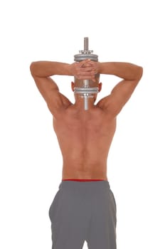 A close up image of a young man standing from the back lifting one.dumbbell over his head, isolated for white background.