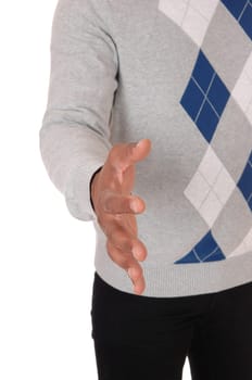 An African American man standing in a halve body images with one.hand outstretched to greeting somebody, isolated for white background.