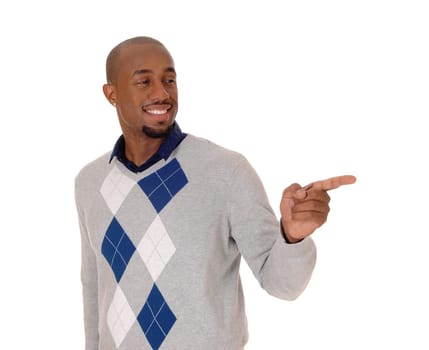 A full body image of an African American man standing in a sweater and.black pants, holding his hand out, isolated for white background.
