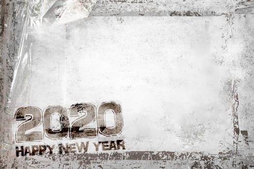 Happy New Year 2020 Background with grungy frame, remains of scotch tape and cellophane. Fully editable. It can be used as a party invitation, food menu, poster, wallpaper and more.