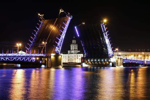 Saint Petersburg bridge opening in a summer night