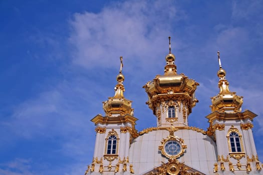 Close up of Russian domes in Peterhof Palace