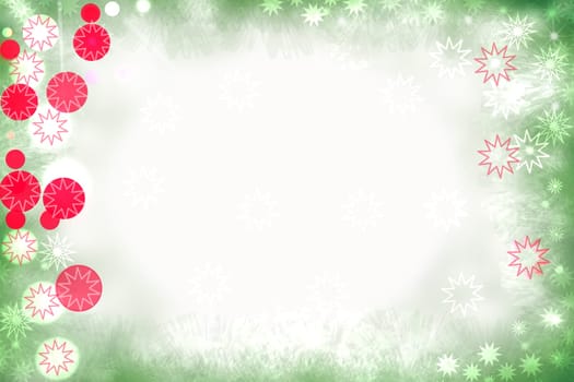Christmas card template. Abstract festive light green white winter christmas or New Year background texture with christmas balls and a white frame. Copy space for design.