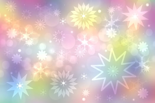 A festive abstract delicate Happy New Year or Christmas background texture with colorful gold yellow pink blurred bokeh lights and stars. Space for design. Card concept or advertising.