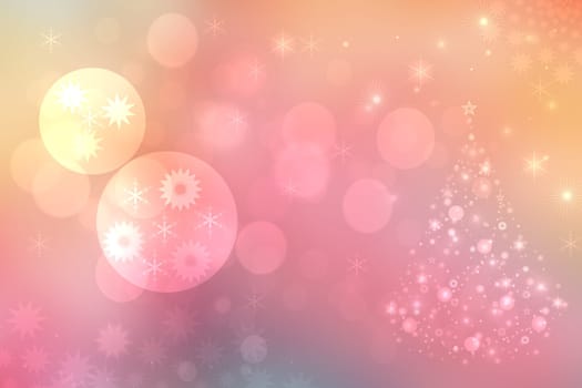 Christmas card template. Abstract festive gradient pink orange winter christmas or New Year background texture with blurred bokeh lights and a xmas tree. Beautiful backdrop.