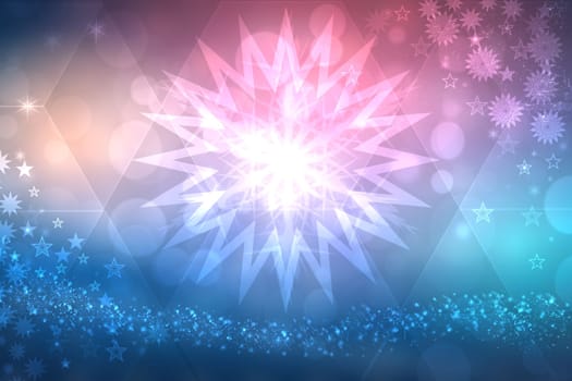 Abstract blurred festive winter christmas or Happy New Year background texture with a large shiny blue pink and many small bokeh lighted stars. Space. Card concept.