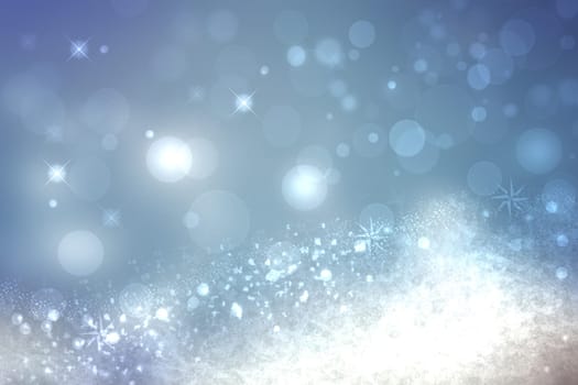 Abstract blurred festive winter christmas or Happy New Year background with shiny blue and white bokeh lighted snow landscape. Space for your design. Card concept.