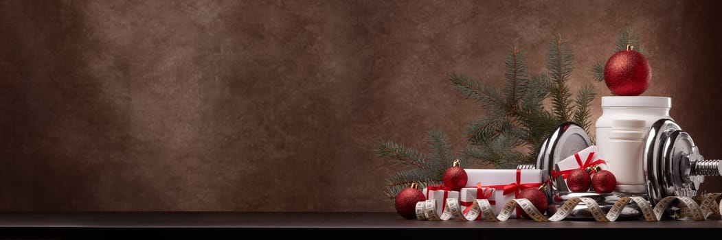 Sports nutrition (supplements), sports equipment, fir branch, gift boxes, Christmas ornaments on dark brown background with copy space. Fitness, sport, healthy lifestyle concept. New Year. Christmas.