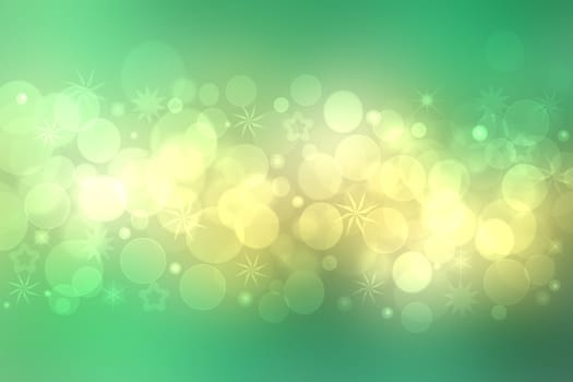 Christmas card template. Abstract festive green yellow white winter xmas or New Year background texture with blurred bokeh lights and stars. Beautiful backdrop.