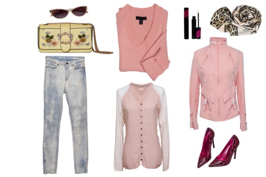 Collage woman clothes. Set of a stylish and trendy women jeans, pink blouse or shirt, red high-heeles, pink jacket, sweater and other accessories isolated on a white background.