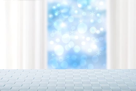 Empty table top and blur abstract winter of background. Empty rustic wooden bright table top in front of abstract light blue winter landscape. Template for your product display montage.