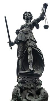 Justice Statue with Sword and Scale in Frankfurt/Main isolated on white Background