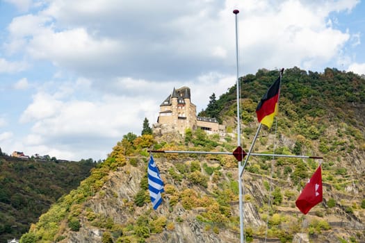 Romantic Burg Katz with flags in Rhine Valley in germany