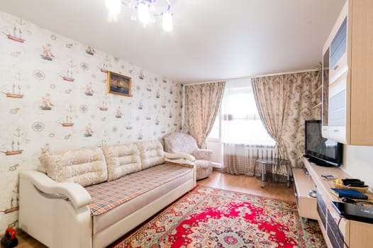 Russia, Moscow- July 23, 2019: interior room apartment. standard repair decoration in hostel