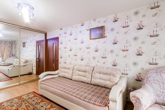 Russia, Moscow- July 23, 2019: interior room apartment. standard repair decoration in hostel
