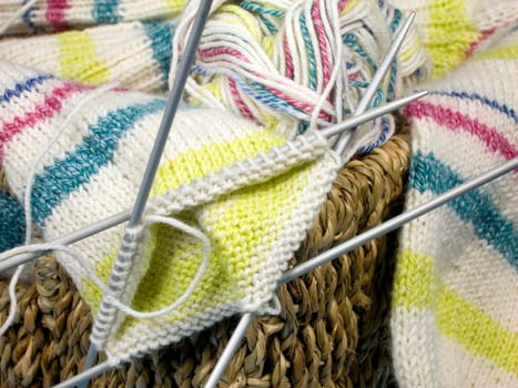 Close up of knitting in a basket