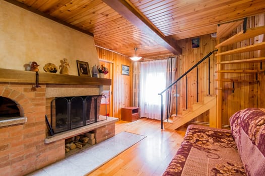 Russia, Moscow- July 23, 2019: interior room apartment. standard repair decoration in hostel. wooden country house