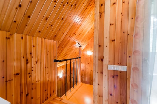 Russia, Moscow- July 23, 2019: interior room apartment. standard repair decoration in hostel. wooden country house