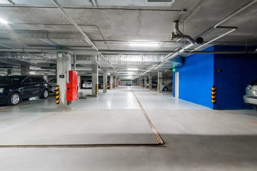 Russia, Moscow- July 08, 2019: interior room apartment. standard repair decoration in hostel. bright modern car garage. public place, staircase