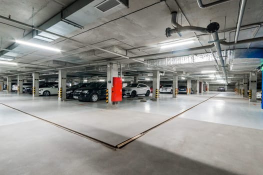 Russia, Moscow- July 08, 2019: interior room apartment. standard repair decoration in hostel. bright modern car garage. public place, staircase