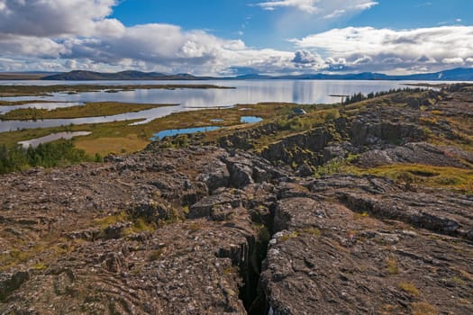 Looking across the Rift Valley at Mountains and Lakes in Thingvellir National Park in Iceland
