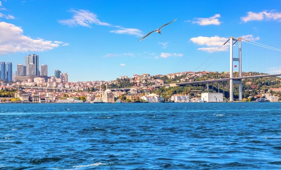 Bosphorus Bridge and Istanbul skyscrappers, beautiful view.