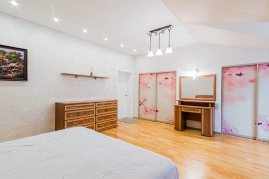 Russia, Moscow- July 23, 2019: interior room apartment. standard repair decoration in hostel. bedroom with bed