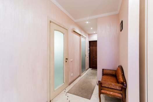 Russia, Moscow- July 23, 2019: interior room apartment. standard repair decoration in hostel. room doors, repair corridor