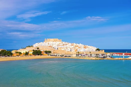 Peniscola village,view with white houses and old castle,Spain