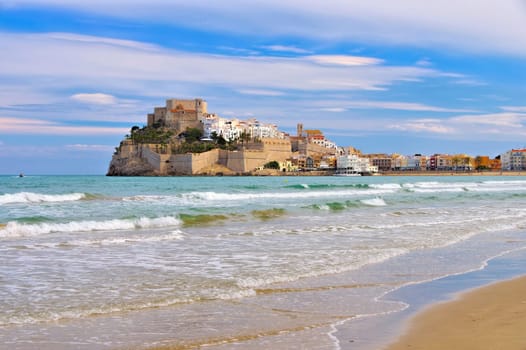 Peniscola village,view with white houses and old castle,Spain