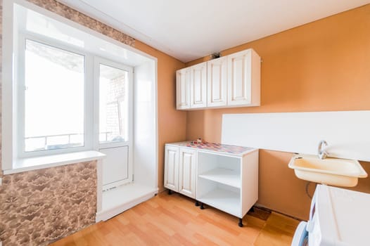 Russia, Moscow- July 23, 2019: interior room apartment. standard repair decoration in hostel. decrepit old careless not modern setting. cosmetic repairs required