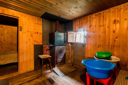 Russia, Moscow- July 23, 2019: interior room apartment. standard repair decoration in hostel. bathhouse, sauna