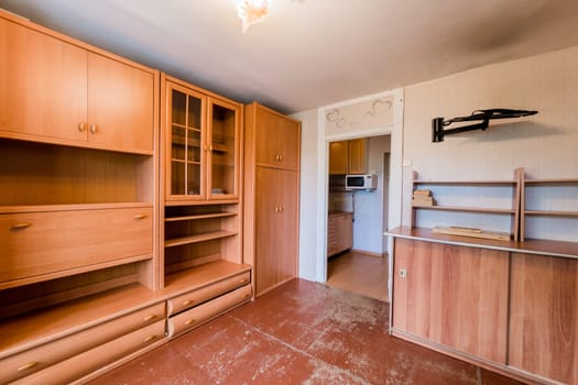 Russia, Moscow- July 23, 2019: interior room apartment. standard repair decoration in hostel. decrepit old careless not modern setting. cosmetic repairs required