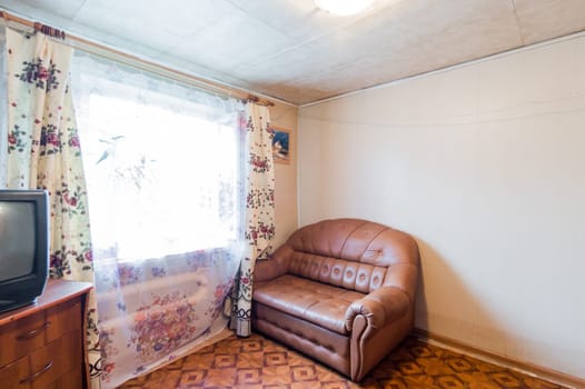 Russia, Moscow- July 23, 2019: interior room apartment. decrepit old careless not modern setting. cosmetic repairs required