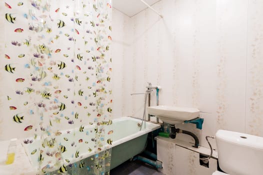 Russia, Moscow- July 23, 2019: interior room apartment. standard repair decoration in hostel. decrepit old careless not modern setting. cosmetic repairs required