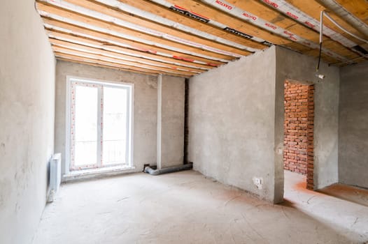 Russia, Moscow- July 23, 2019: interior room apartment. rough repair for self-finishing. interior decoration, bare walls of the room, stage of construction