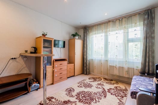 Russia, Moscow- July 23, 2019: interior room apartment. standard repair decoration in hostel