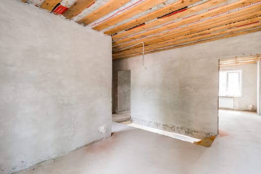 Russia, Moscow- July 23, 2019: interior room apartment. rough repair for self-finishing. interior decoration, bare walls of the room, stage of construction
