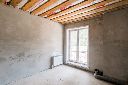 Russia, Moscow- July 23, 2019: interior room apartment. rough repair for self-finishing. interior decoration, bare walls of the room, stage of construction
