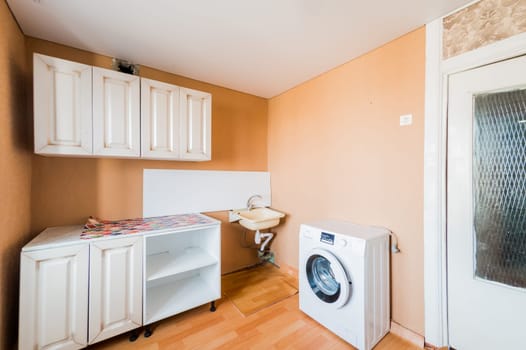 Russia, Moscow- July 23, 2019: interior room apartment. standard repair decoration in hostel. decrepit old careless not modern setting. cosmetic repairs required