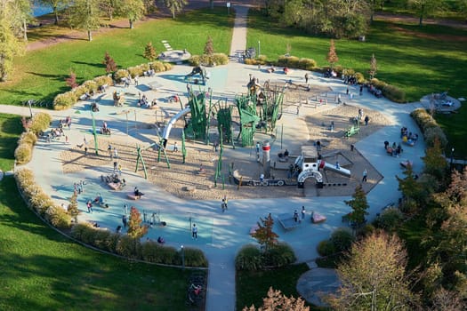 Aerial view of a playground in the Rotehorn Park on the Rotehorn Island in Magdeburg