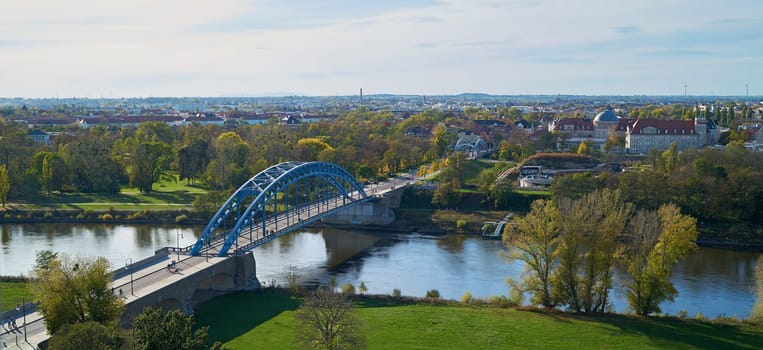 Aerial view of the Star Bridge over the Elbe River at the Elbe Cycle Route near Magdeburg