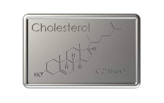 Chemical formula of Cholesterol on silver plate. 3D rendering
