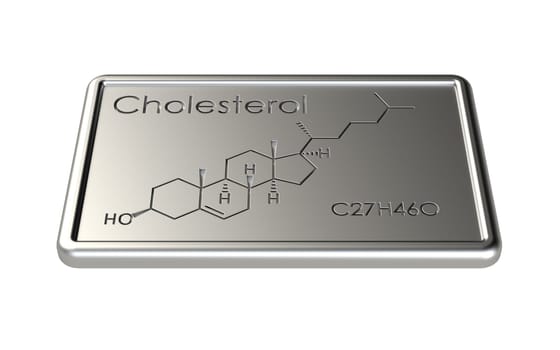 Chemical formula of Cholesterol on silver plate. 3D rendering
