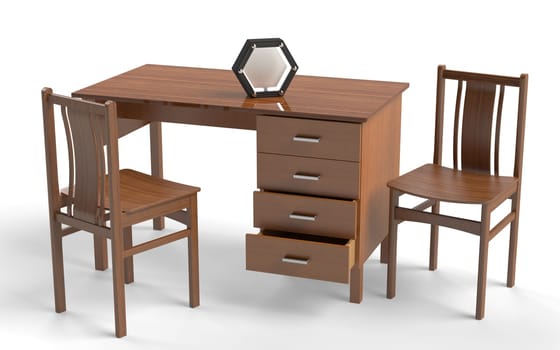 Old style chair and desk table. 3D rendering.