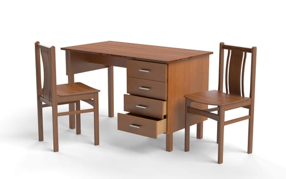 Old style chair and desk table. 3D rendering.