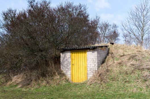 Old basement with yellow doors in the garden.