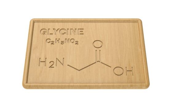 Structural model of Glycine on the wooden plate. 3D rendering.