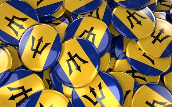 Barbados Badges Background - Pile of Barbadian Flag Buttons. 3D Rendering